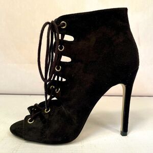 Black Faux Suede Lace Up Peep Toe Heels